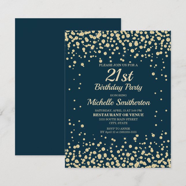 Navy Blue Gold Diamond Glitter Women 21st Birthday Card (Front/Back)