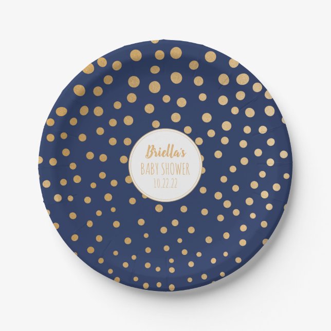 Navy Blue gold dot boy baby shower decor Paper Plate (Front)