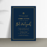 Navy Blue & Gold Double Frame Script Bat Mitzvah Invitation<br><div class="desc">Celebrate Bar Mitzvah with this modern,  elegant invitation,  featuring your custom text. Easily add your own details by clicking on the "personalize" option.</div>