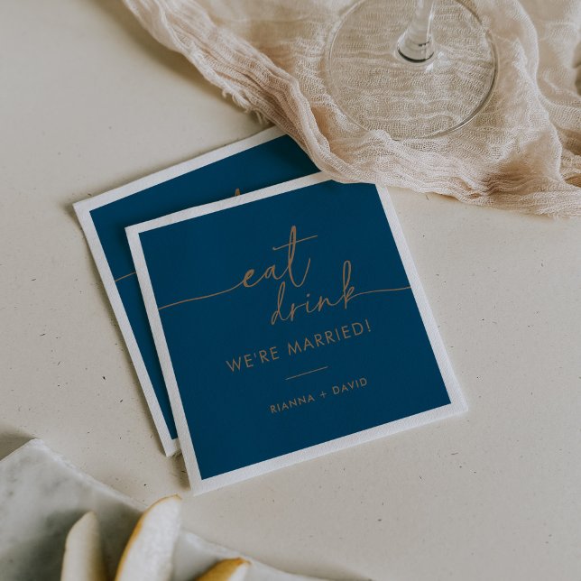 Navy Blue Gold Eat Drink We're Married Wedding  Napkin (Creator Uploaded)