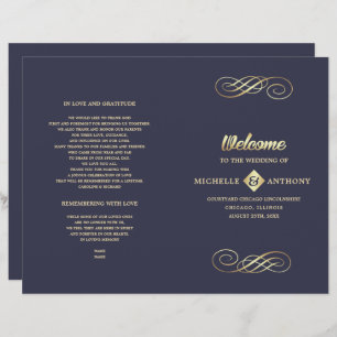 Navy Blue   Gold Elegant Folded Wedding Program