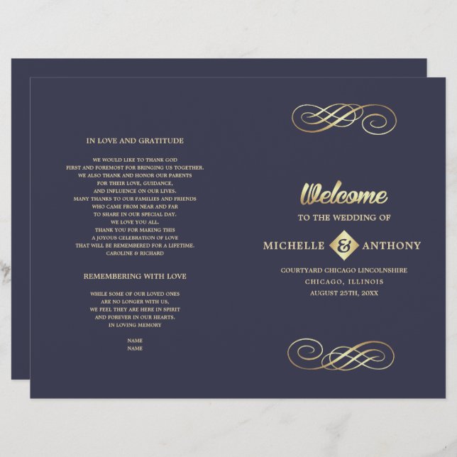 Navy Blue | Gold Elegant Folded Wedding Program (Front/Back)