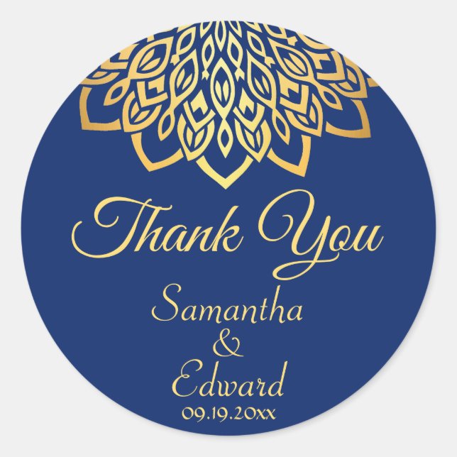 Navy Blue Gold Elegant Mandala Wedding Classic Round Sticker (Front)