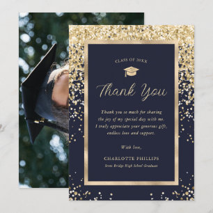 Navy Blue Gold Elegant Modern Photo Graduation Thank You Card