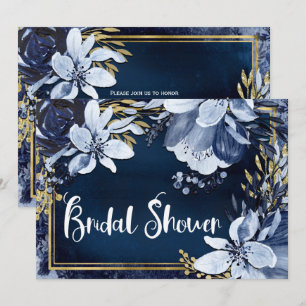 Navy Blue & Gold Elegant Modern Watercolor Floral Invitation