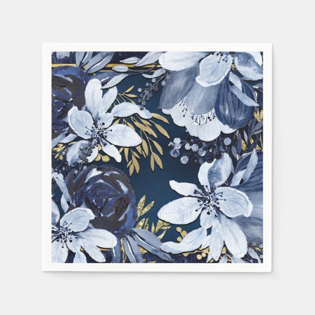 Navy Blue & Gold Elegant Modern Watercolor Floral Napkin (Front)