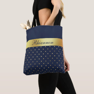 Navy Blue Gold Elegant Patterned Monogrammed Tote Bag