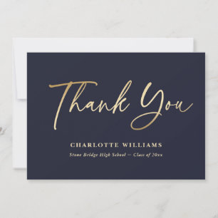 Navy Blue Gold Elegant Script Modern Graduation Thank You Card