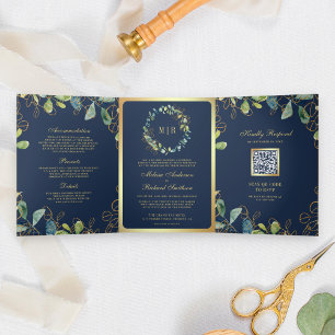 Navy Blue Gold Eucalyptus Wreath QR Code Wedding Tri-Fold Invitation