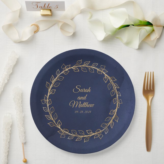 Navy Blue & Gold Eucalyptus Wreath Wedding Dinner  Paper Plate (Wedding)