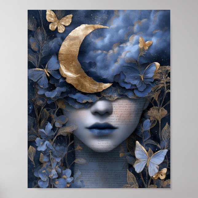 Navy Blue Gold Fantasy Surreal Moon Woman Wall Art (Front)