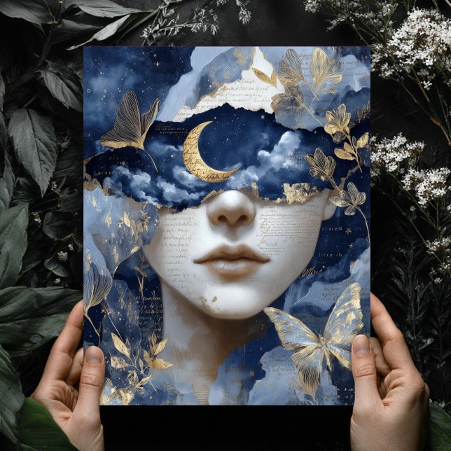Navy Blue Gold Fantasy Surreal Moon Woman Wall Art (Creator Uploaded)