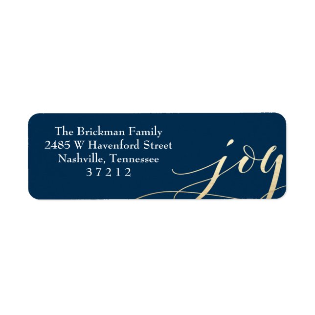 Navy Blue Gold Faux Foil Joy Holiday Address Label (Front)