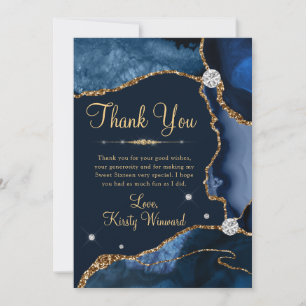Navy Blue & Gold Faux Glitter Agate Sweet 16 Thank You Card