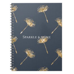 Navy Blue Gold Faux Glitter Dandelion Flowers Notebook