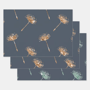 Navy Blue Gold Faux Glitter Dandelion Flowers Wrapping Paper Sheet