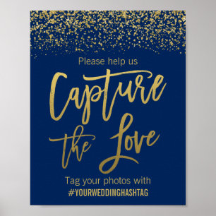 Navy Blue Gold Faux Glitter Wedding Hashtag Sign