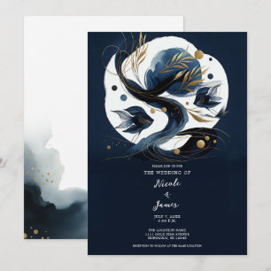Navy Blue & Gold Fish Beach Wedding Invitation