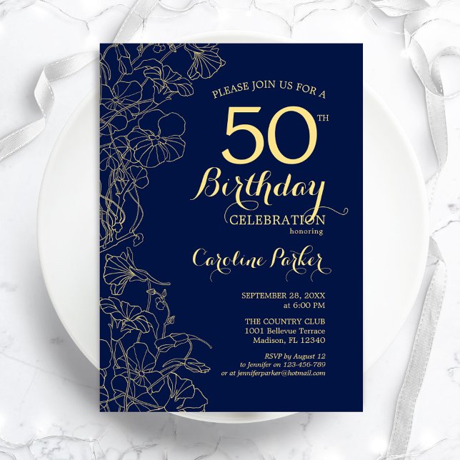 Navy Blue Gold Floral 50th Birthday Party Invitation (Creator Uploaded)