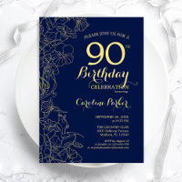 Navy Blue Gold Floral 90th Birthday Party