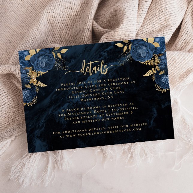 Navy Blue Gold Floral Agate Script Wedding Details Enclosure Card (Creator Uploaded)