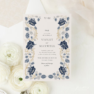 Navy Blue Gold Floral Art Nouveau Wedding Invitation