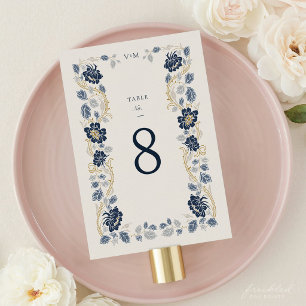 Navy Blue Gold Floral Art Nouveau Wedding Table Number