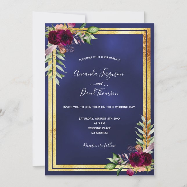 Navy blue gold floral burgundy wedding invitation (Front)