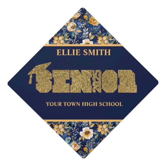 Navy Blue Gold Floral Class of 2025 Graduation  Graduation Cap Topper (Front)