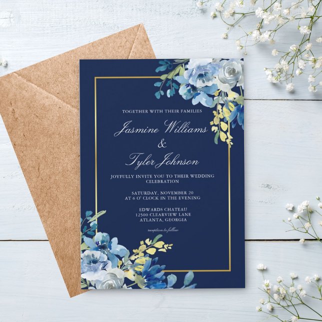 Navy Blue Gold Floral Elegant Evening Wedding Invitation (Creator Uploaded)