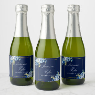 Navy Blue Gold Floral Elegant Evening Wedding Mini Sparkling Wine Label