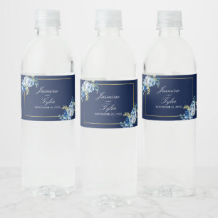 Navy Blue Gold Floral Elegant Evening Wedding Mini Water Bottle Label