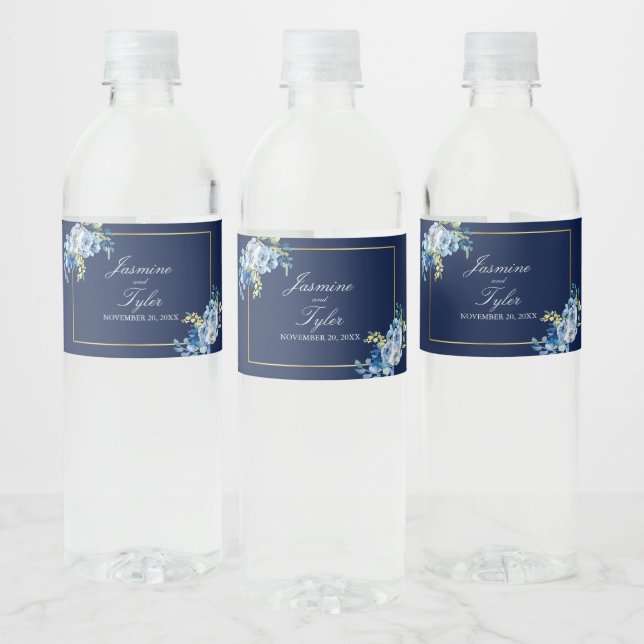 Navy Blue Gold Floral Elegant Evening Wedding Mini Water Bottle Label (Bottles)