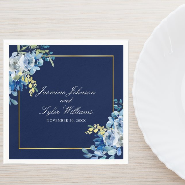 Navy Blue Gold Floral Elegant Evening Wedding Napkin (Creator Uploaded)