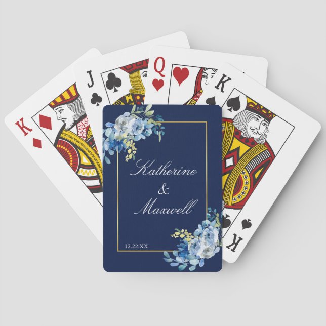 Navy Blue Gold Floral Elegant Personalized Wedding Playing Cards (Back)