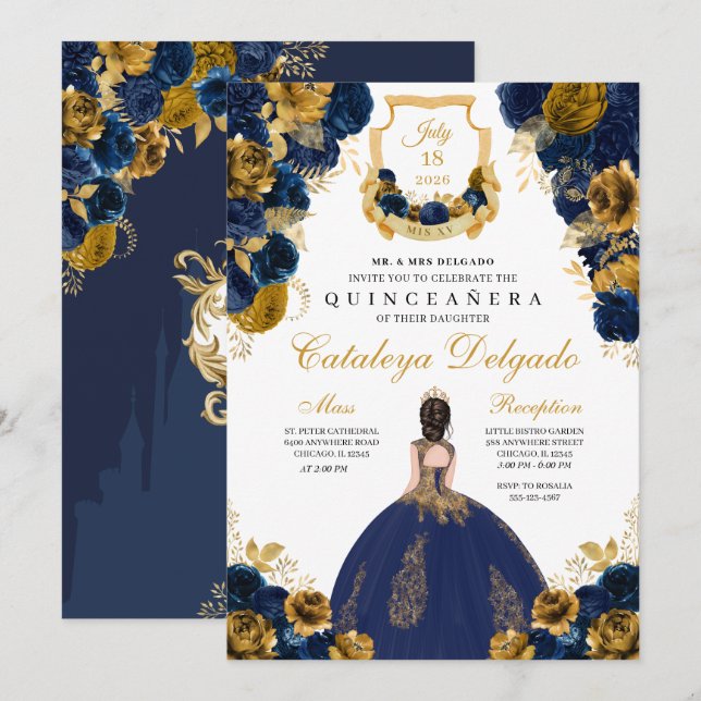 Navy Blue & Gold Floral Elegant Quinceañera Invitation (Front/Back)