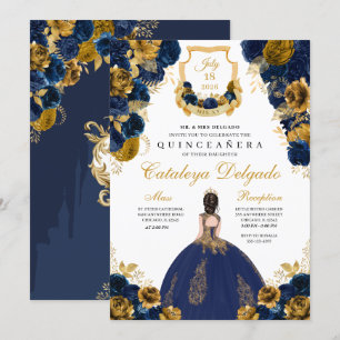 Navy Blue & Gold Floral Elegant Quinceañera Invitation