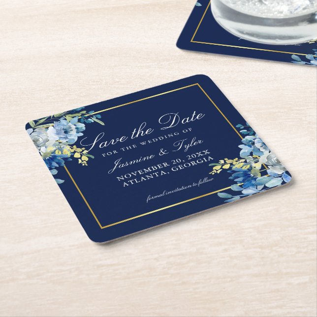 Navy Blue Gold Floral Elegant Save the Date Square Paper Coaster (Angled)