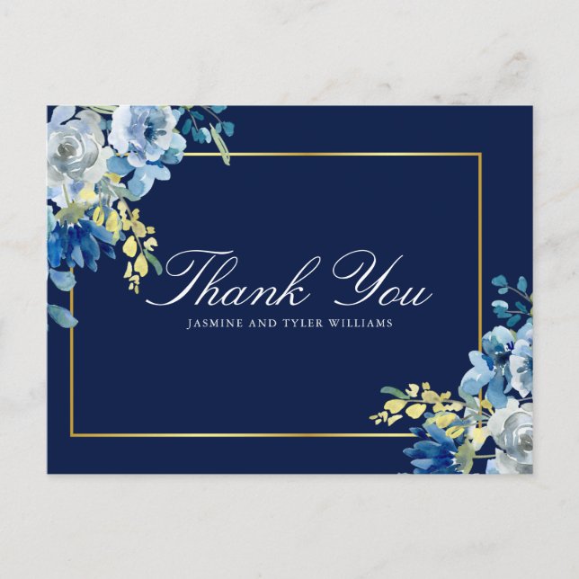 Navy Blue Gold Floral Elegant Script Thank You Postcard (Front)