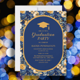 Navy Blue Gold Floral High School Graduation Cap Invitation