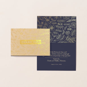 Navy Blue Gold Floral Luxury Thank You Wedding  Foil Card