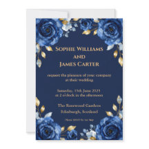 Navy Blue & Gold Floral Luxury Wedding Invitation