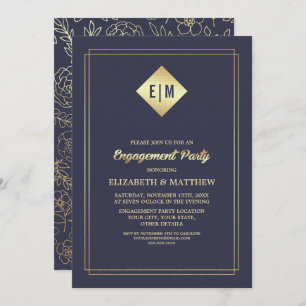 Navy Blue Gold Floral Pattern Engagement Party Invitation