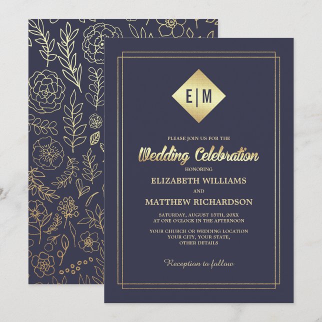Navy Blue | Gold Floral Pattern Wedding  Invitation (Front/Back)