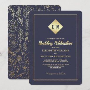 Navy Blue Gold Floral Pattern Wedding Invitation