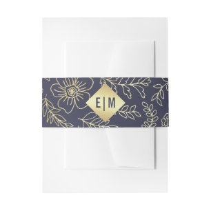 Navy Blue   Gold Floral Pattern Wedding Invitation Belly Band