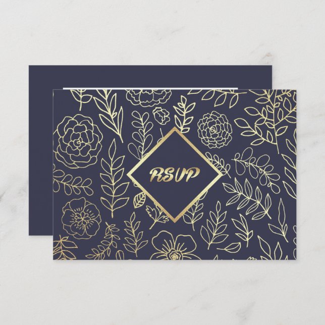 Navy Blue | Gold Floral Pattern Wedding RSVP Card (Front/Back)