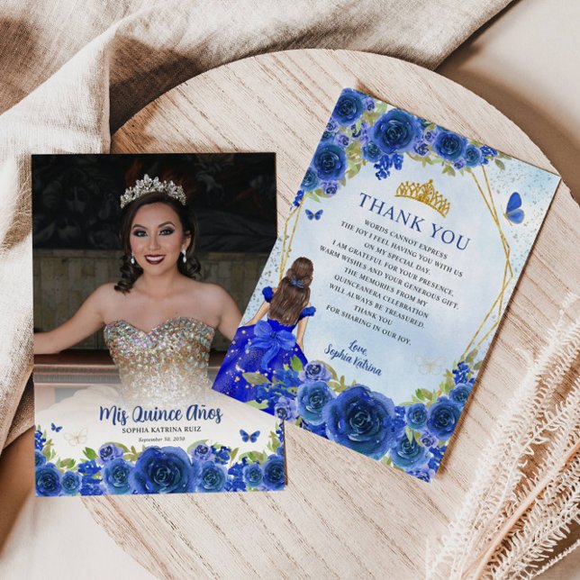Navy Blue Gold Floral Princess Quinceañera Photo Thank You Card (Creator Uploaded)