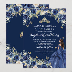Navy Blue Gold Floral Quinceanera Invitation