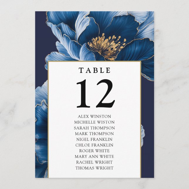 Navy Blue Gold Floral Table Number Seating Chart (Front)